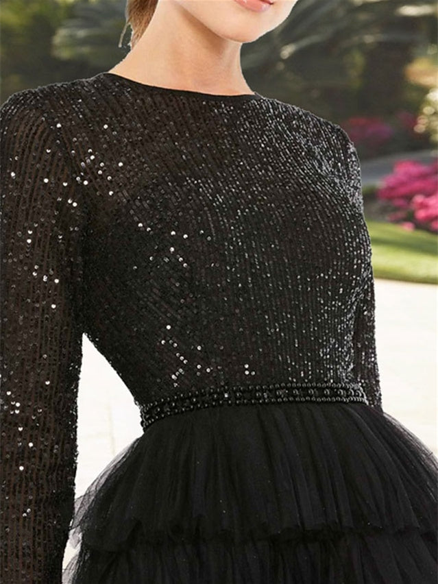 Robe de Mère de la Mariée Coupe A-Line à Manches Longues et Col Bijou avec Sequins à Plusieurs Niveaux