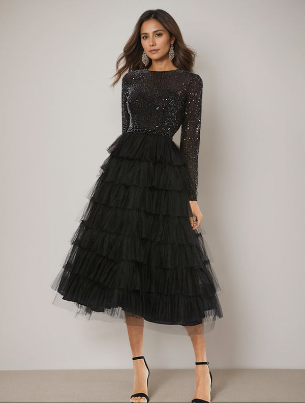Robe de Mère de la Mariée Coupe A-Line à Manches Longues et Col Bijou avec Sequins à Plusieurs Niveaux