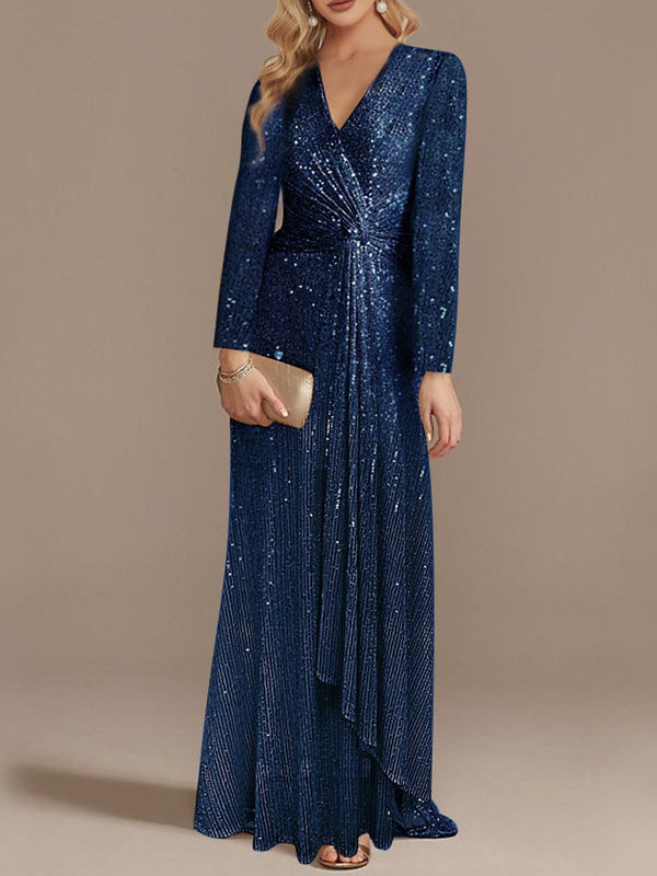 Robe de Cocktail Sirène/Trompette à Col en V et Manches Longues avec Paillettes