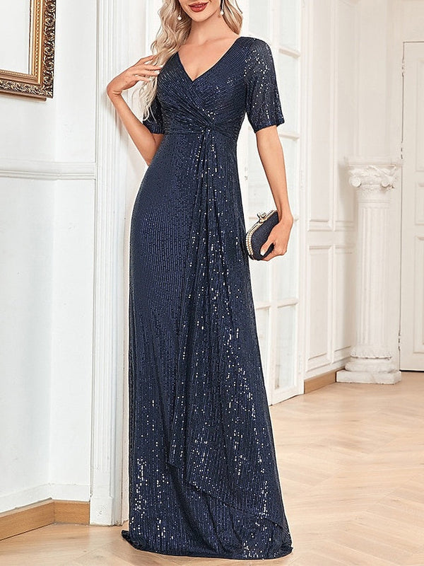 Robe de Cocktail Trapèze/Princesse à Col en V et Manches Courtes, Longueur Au Sol, avec Paillettes