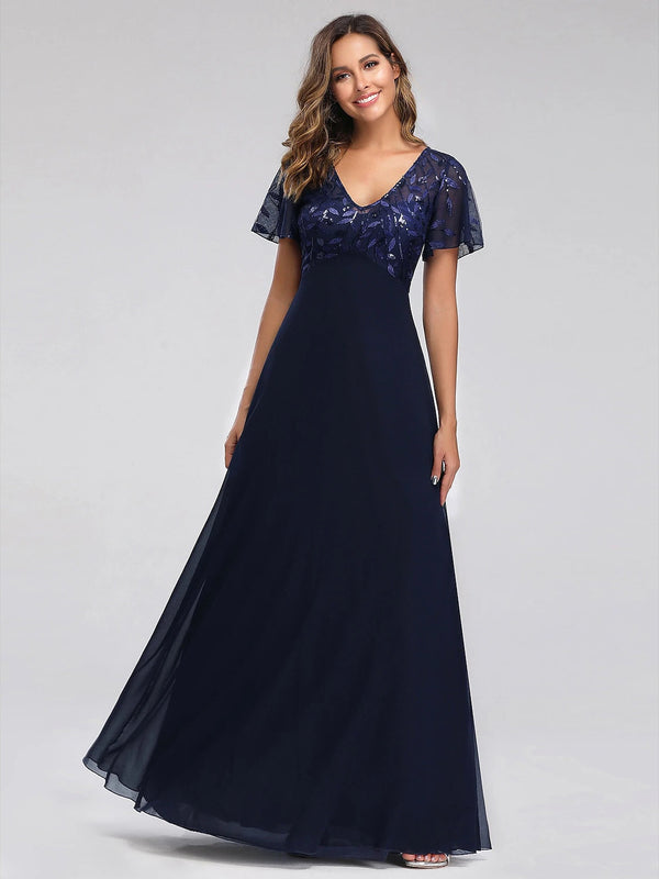 Robe de Cocktail Trapèze/Princesse à Col en V et Manches Courtes, Longueur Au Sol, avec Appliques et Paillettes