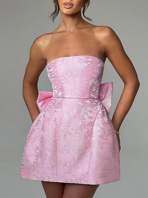 Robe de Soirée Courte/Mini Sans Manches, Coupe Trapèze/Princesse, Sans Bretelles, avec Nœud Papillon, pour Cocktail, Soirée