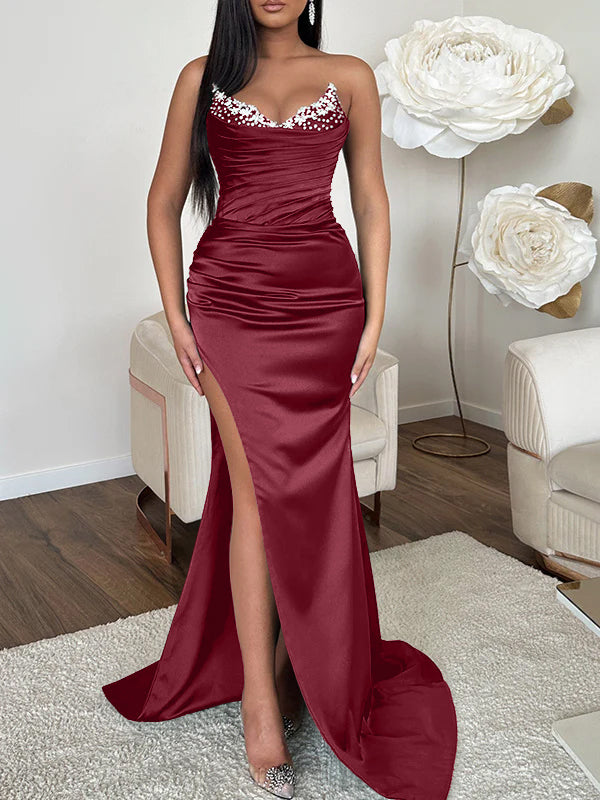 Robe de Soirée Fourreau/Colonne à Col en V Sans Manches avec Traîne et Fente Haute