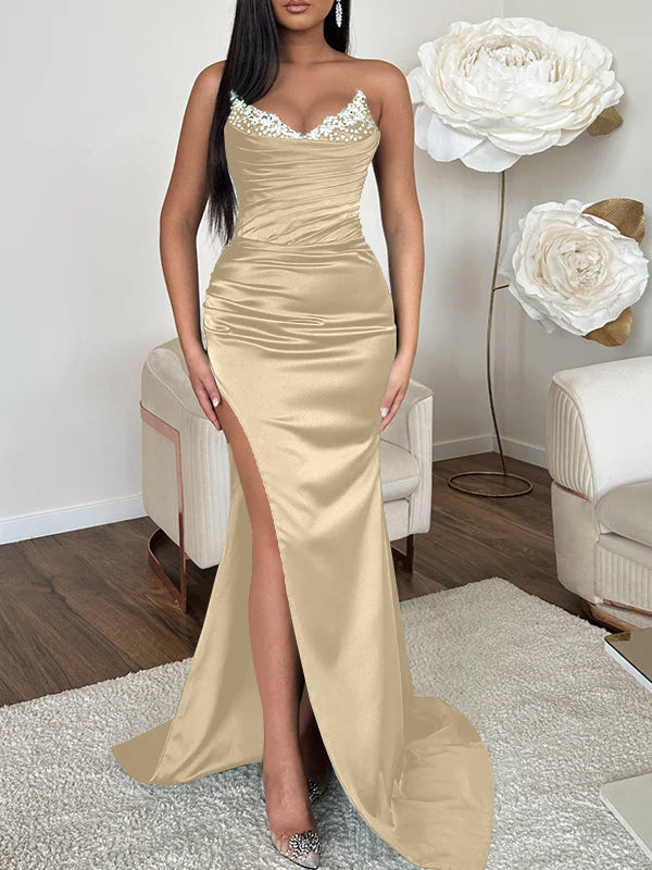 Robe de Soirée Fourreau/Colonne à Col en V Sans Manches avec Traîne et Fente Haute