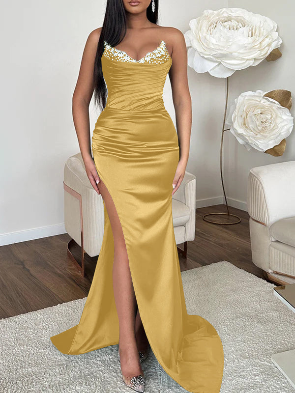 Robe de Soirée Fourreau/Colonne à Col en V Sans Manches avec Traîne et Fente Haute