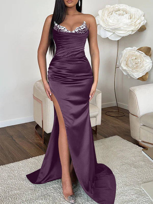 Robe de Soirée Fourreau/Colonne à Col en V Sans Manches avec Traîne et Fente Haute