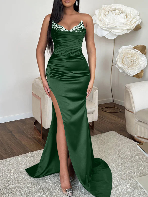 Robe de Soirée Fourreau/Colonne à Col en V Sans Manches avec Traîne et Fente Haute