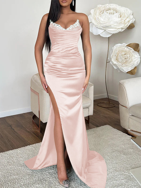 Robe de Soirée Fourreau/Colonne à Col en V Sans Manches avec Traîne et Fente Haute