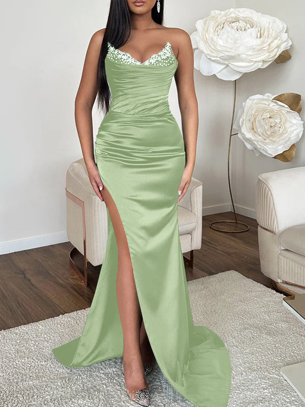Robe de Soirée Fourreau/Colonne à Col en V Sans Manches avec Traîne et Fente Haute