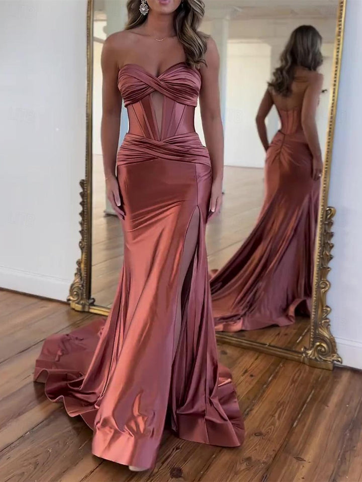 Robe de Soirée Trapèze/Princesse Sans Manches, Longueur Au Sol, Fendue et Froncée