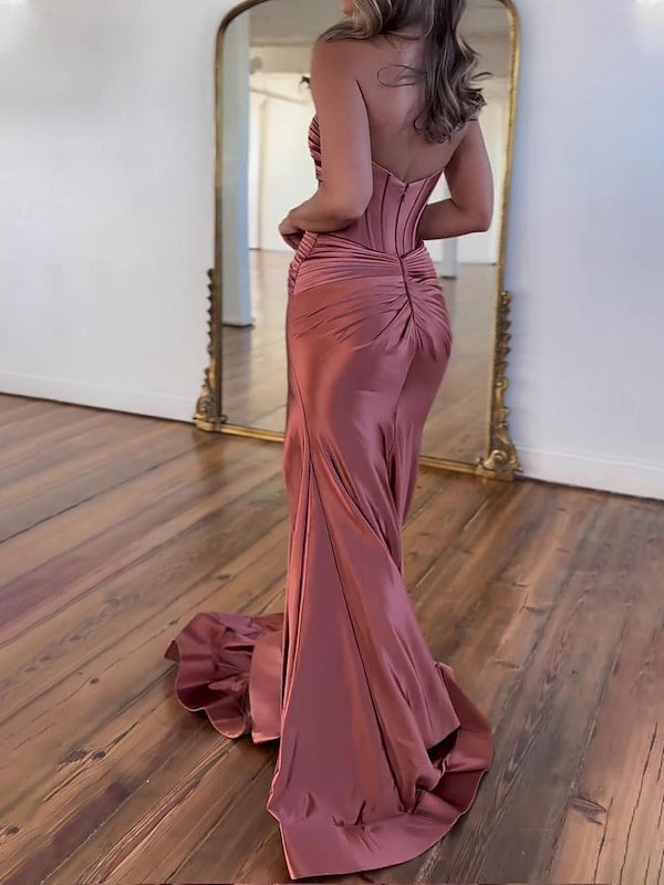 Robe de Soirée Trapèze/Princesse Sans Manches, Longueur Au Sol, Fendue et Froncée