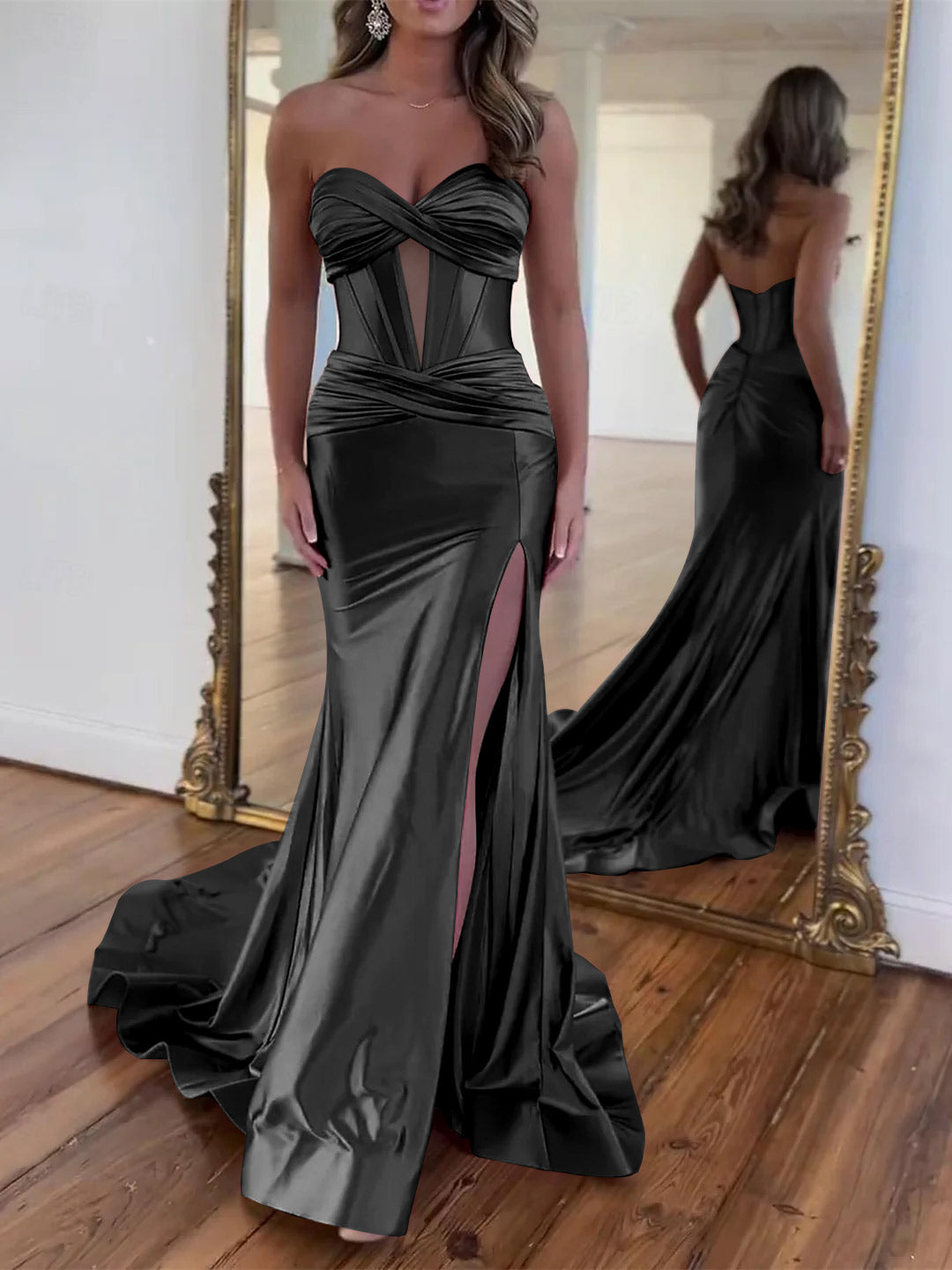 Robe de Soirée Trapèze/Princesse Sans Manches, Longueur Au Sol, Fendue et Froncée