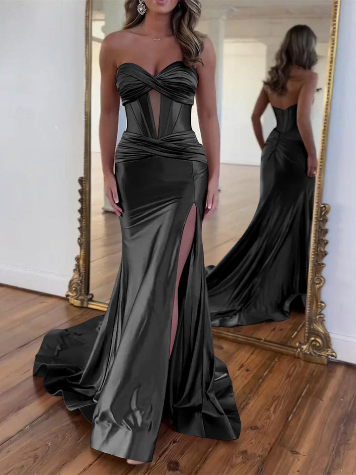 Robe de Soirée Trapèze/Princesse Sans Manches, Longueur Au Sol, Fendue et Froncée