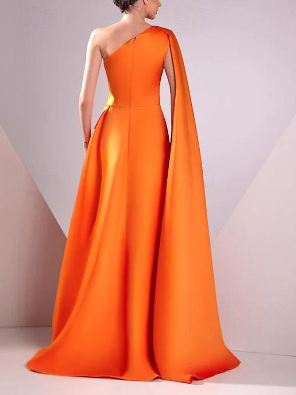 Robe de Soirée Trapèze/Princesse en Satin à Une Épaule Sans Manches et Longueur Au Sol avec Fronces