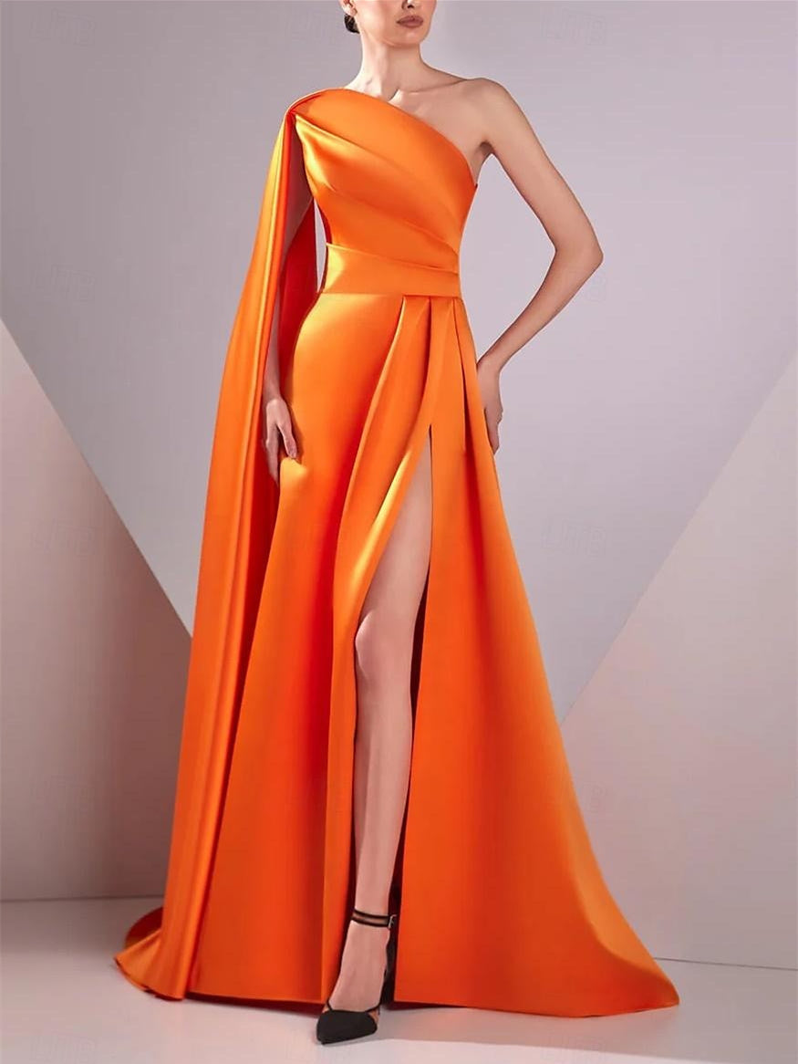 Robe de Soirée Trapèze/Princesse en Satin à Une Épaule Sans Manches et Longueur Au Sol avec Fronces