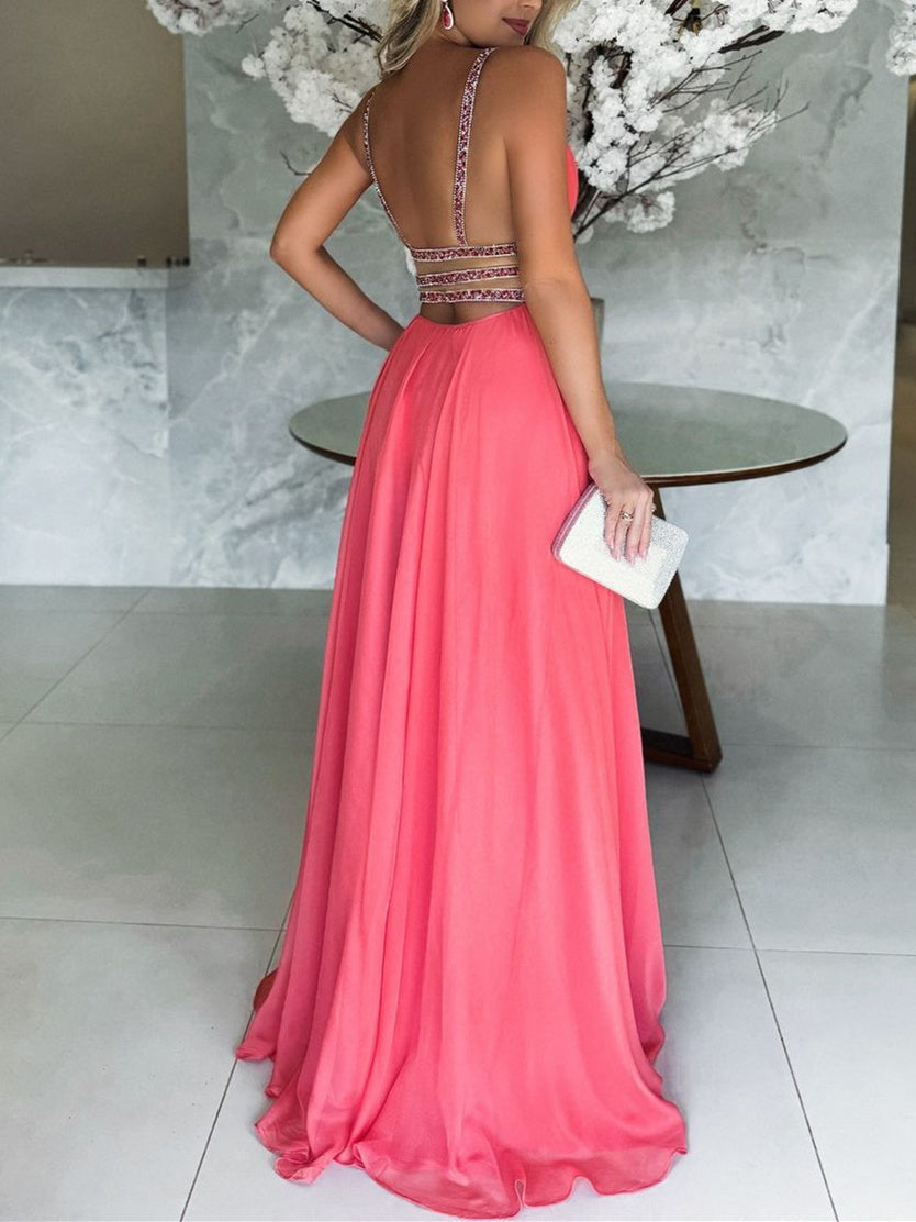 Robe de Soirée Trapèze/Princesse à Col en V Sans Manches, Longueur Au Sol, Fendue Sur le Côté