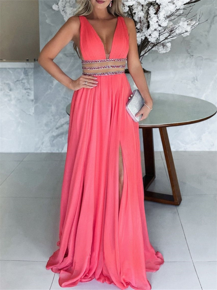 Robe de Soirée Trapèze/Princesse à Col en V Sans Manches, Longueur Au Sol, Fendue Sur le Côté