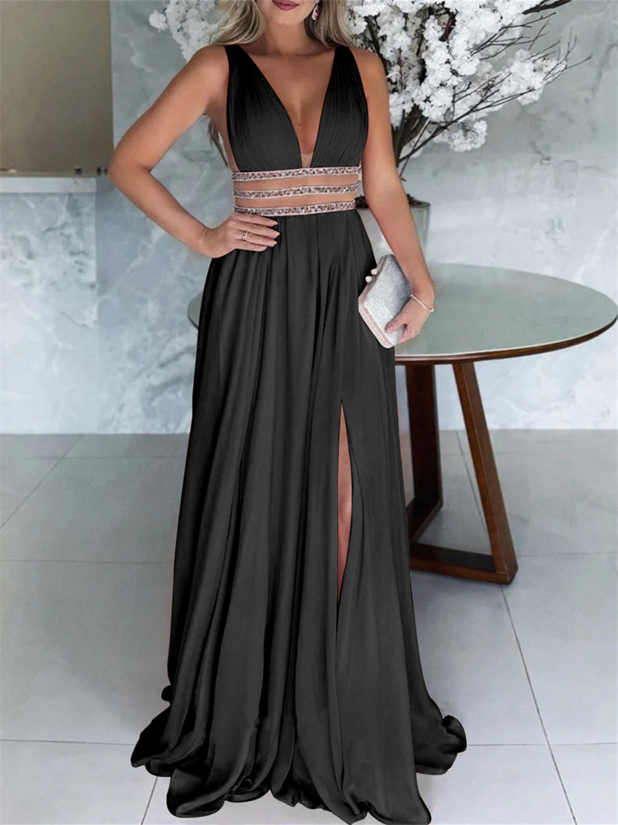Robe de Soirée Trapèze/Princesse à Col en V Sans Manches, Longueur Au Sol, Fendue Sur le Côté