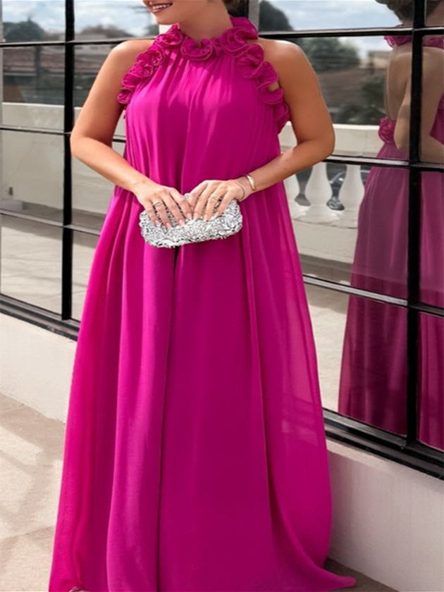 Robe de Soirée Trapèze/Princesse à Col Haut Sans Manches et Longueur Au Sol, Couleur Unie