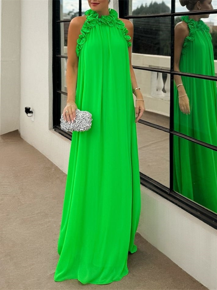 Robe de Soirée Trapèze/Princesse à Col Haut Sans Manches et Longueur Au Sol, Couleur Unie