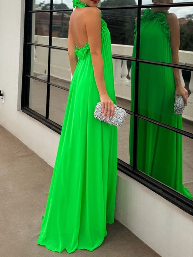 Robe de Soirée Trapèze/Princesse à Col Haut Sans Manches et Longueur Au Sol, Couleur Unie