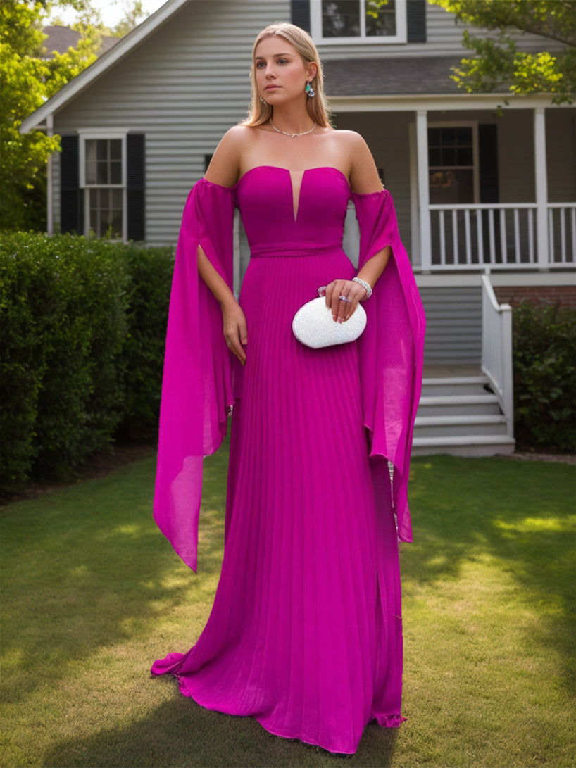 Robe de Soirée Trapèze/Princesse Sans Bretelles, Manches 1/2, Longueur Au Sol, Couleur Unie