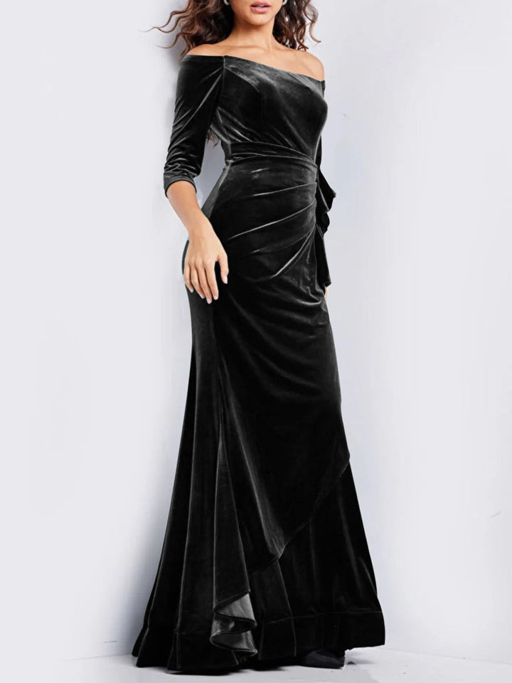 Robe de Bal Fourreau/Colonne à Épaules Dénudées, Manches 3/4, Longueur Au Sol, avec Volants