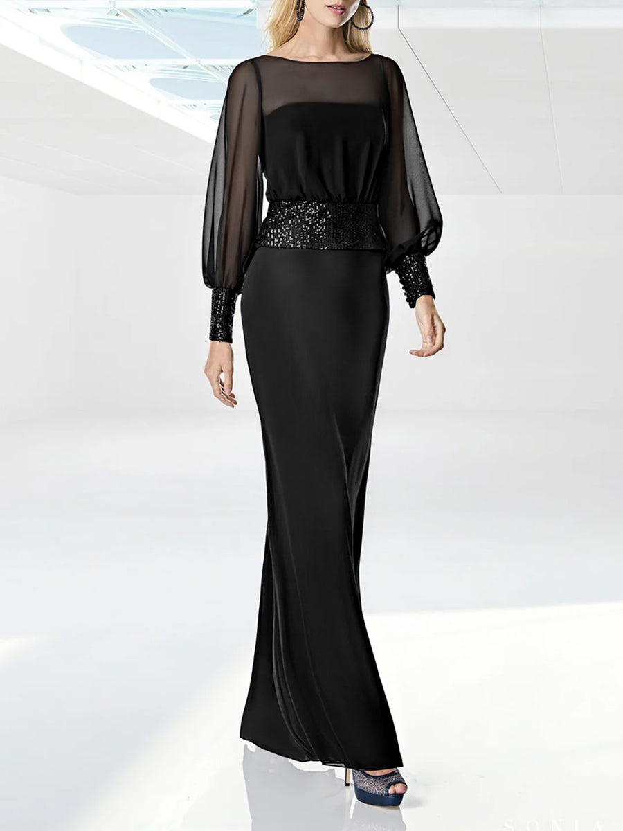 Robe de Bal Fourreau/Colonne à Col Rond et Manches Longues, Longueur Au Sol, avec Ceinture à Paillettes