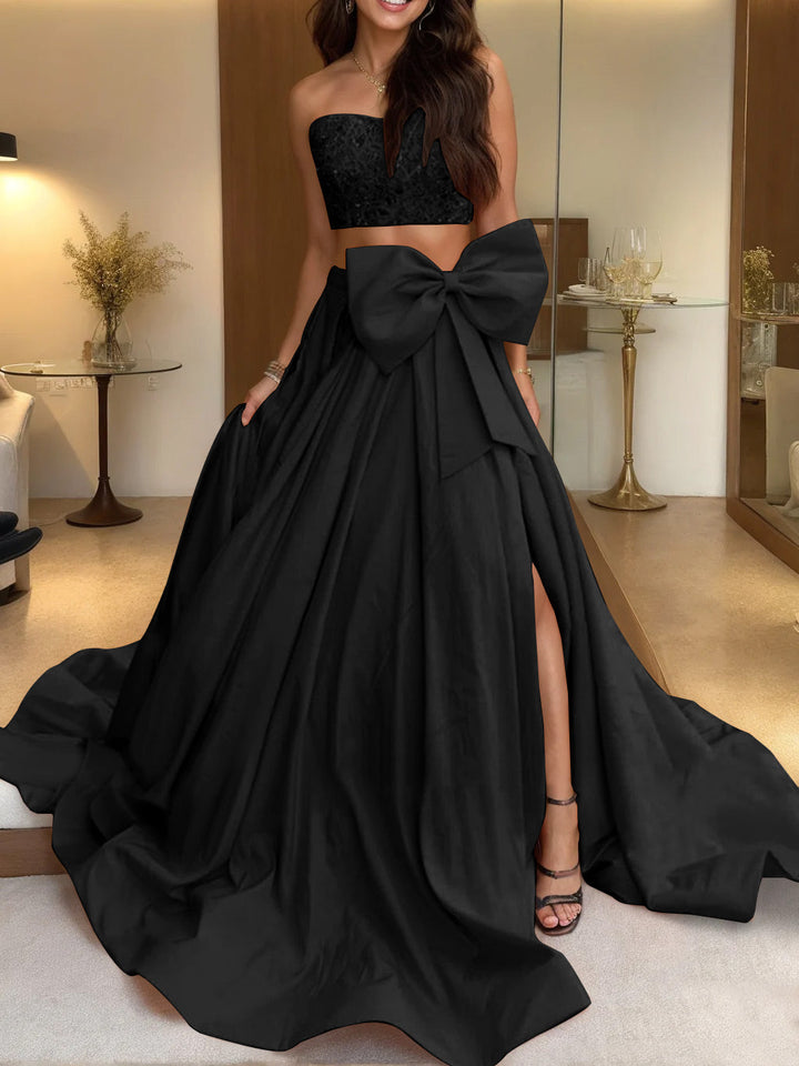 Robe de Soirée Trapèze/Princesse Sans Manches, Sans Bretelles, Traîne avec Nœud(S)