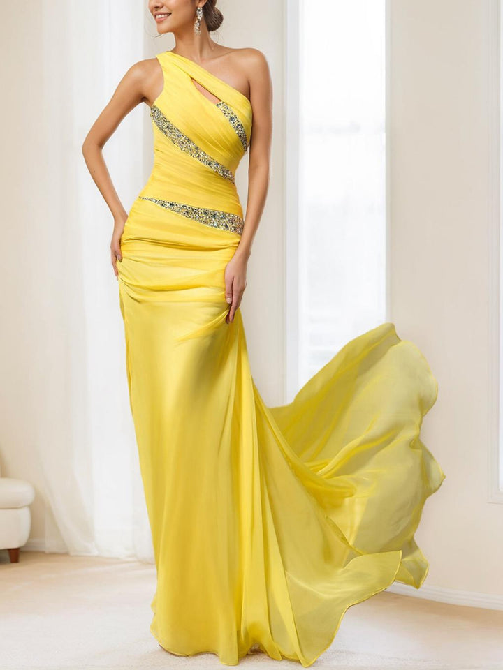 Robe de Soirée Fourreau/Colonne Asymétrique Sans Manches, Longueur Au Sol, avec Fronces, Paillettes et Cristaux