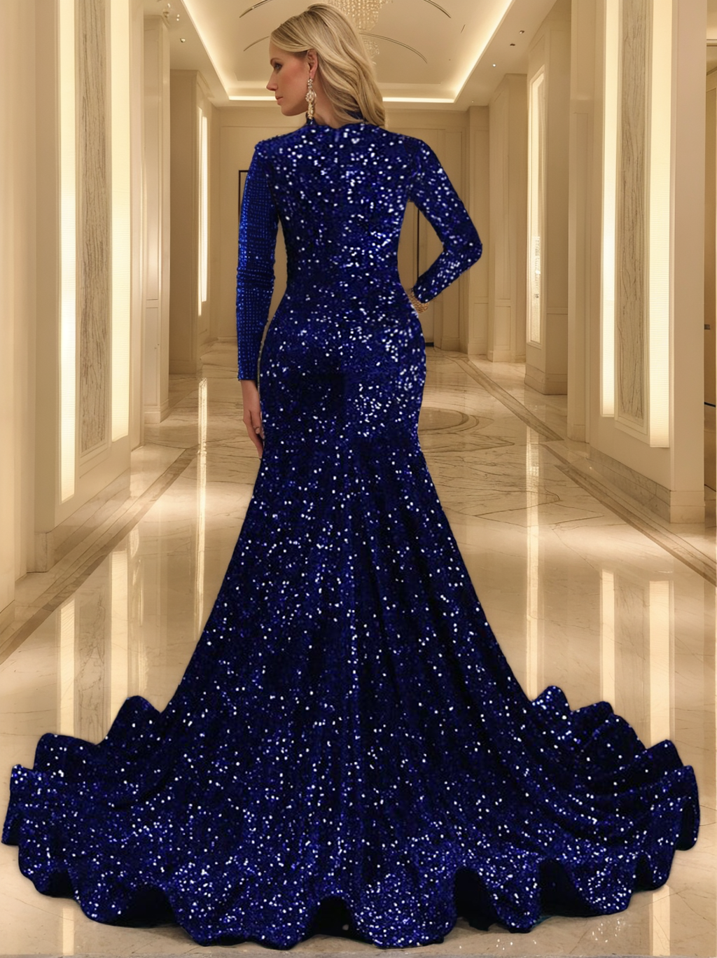 Robe de Soirée Sirène à Col en V et Manches Longues avec Paillettes et Perles