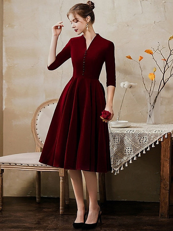 Robe Trapèze/Princesse Col V Bordeaux Élégante