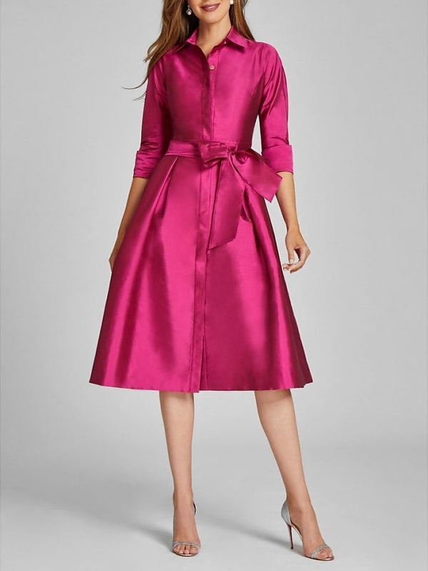 Robe de Cocktail Coupe A-Line/Princess à Col Chemise, Manches 3/4, Longueur Genou, avec Nœud(S) et Fente