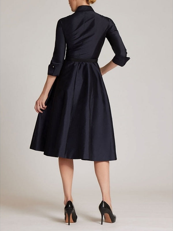 Robe de Cocktail Coupe A-Line/Princess à Col Chemise, Manches 3/4, Longueur Genou, avec Nœud(S) et Fente