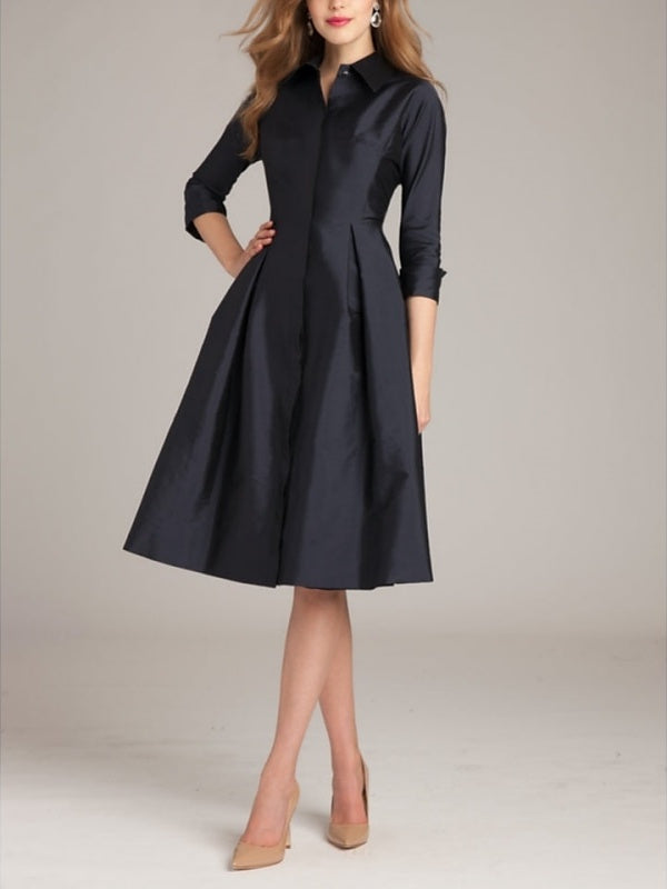 Robe de Cocktail Coupe A-Line/Princess à Col Chemise, Manches 3/4, Longueur Genou, avec Nœud(S) et Fente