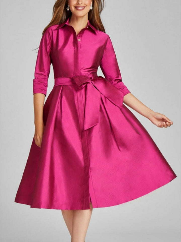 Robe de Cocktail Coupe A-Line/Princess à Col Chemise, Manches 3/4, Longueur Genou, avec Nœud(S) et Fente