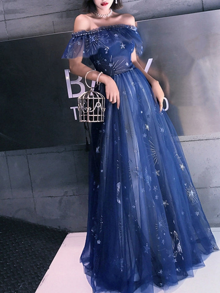 Robe de Bal Longue Trapèze/Princesse à Épaules Dénudées et Manches Courtes, Longueur Au Sol, avec Volants et Broderies