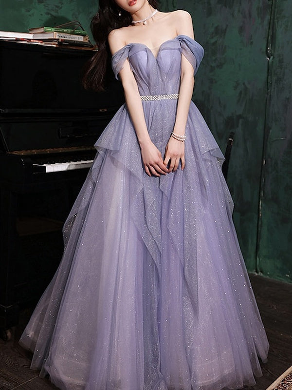 Robe de Bal Longue Sans Manches à Épaules Dénudées et Ligne A/Princesse avec Paillettes