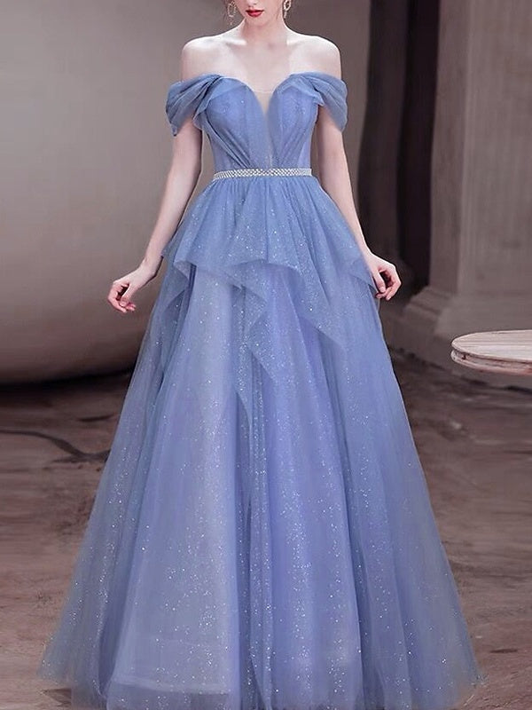 Robe de Bal Longue Sans Manches à Épaules Dénudées et Ligne A/Princesse avec Paillettes
