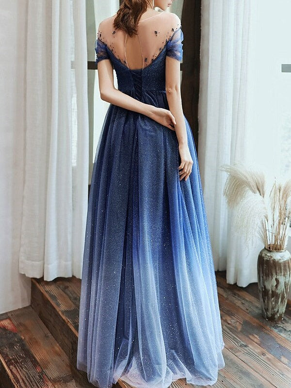 Robe de Soirée Fourreau/Colonne à Col Bijou, Manches Courtes, Longueur Au Sol, avec Plis et Paillettes