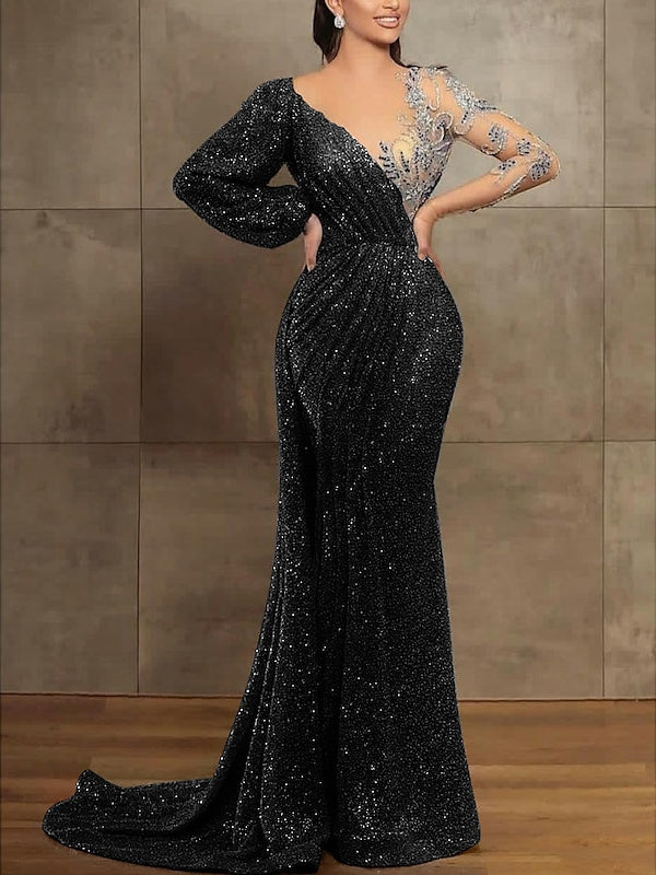 Robe de Soirée Sirène à Paillettes et Plis, Manches Longues, Décolleté Trompette