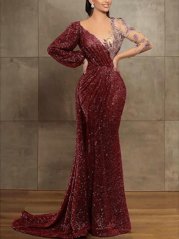 Robe de Soirée Sirène à Paillettes et Plis, Manches Longues, Décolleté Trompette