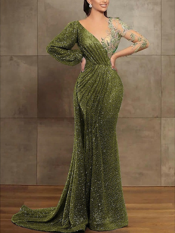 Robe de Soirée Sirène à Paillettes et Plis, Manches Longues, Décolleté Trompette