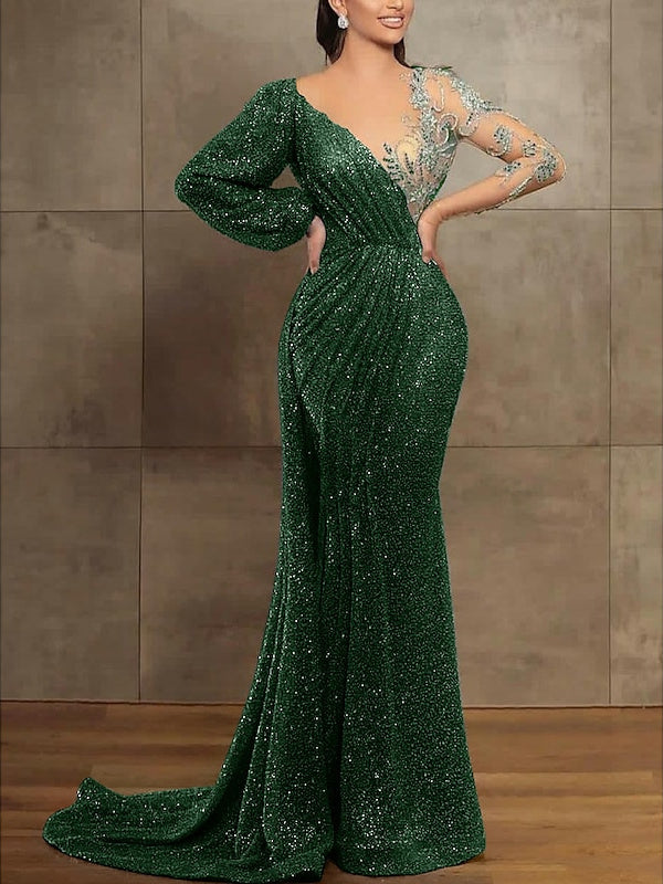 Robe de Soirée Sirène à Paillettes et Plis, Manches Longues, Décolleté Trompette