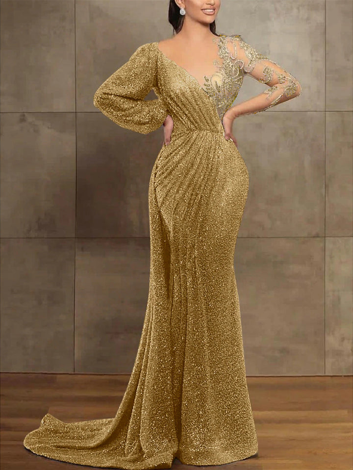 Robe de Soirée Sirène à Paillettes et Plis, Manches Longues, Décolleté Trompette