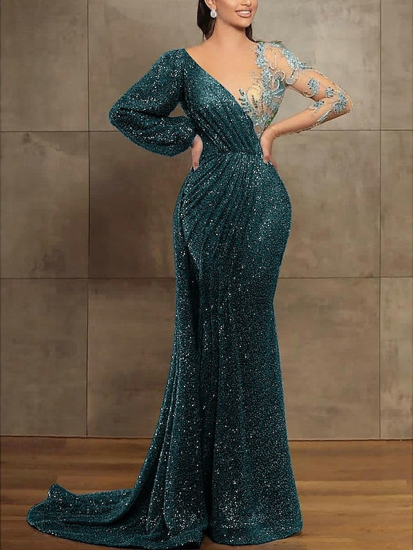 Robe de Soirée Sirène à Paillettes et Plis, Manches Longues, Décolleté Trompette