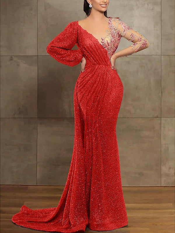 Robe de Soirée Sirène à Paillettes et Plis, Manches Longues, Décolleté Trompette