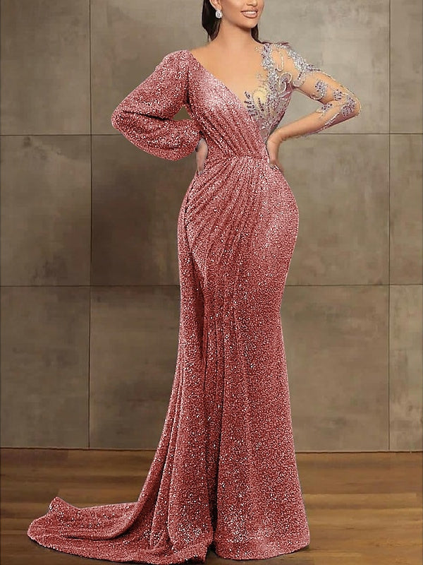 Robe de Soirée Sirène à Paillettes et Plis, Manches Longues, Décolleté Trompette