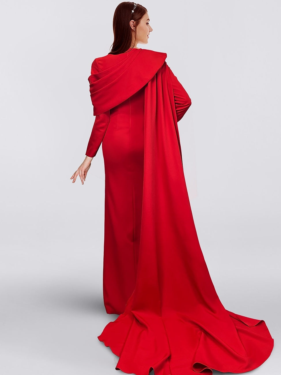 Robe de Soirée Fourreau/Colonne à Col Bénitier, Manches Longues, Longueur Au Sol, avec Boutons et Fente Sur le Côté