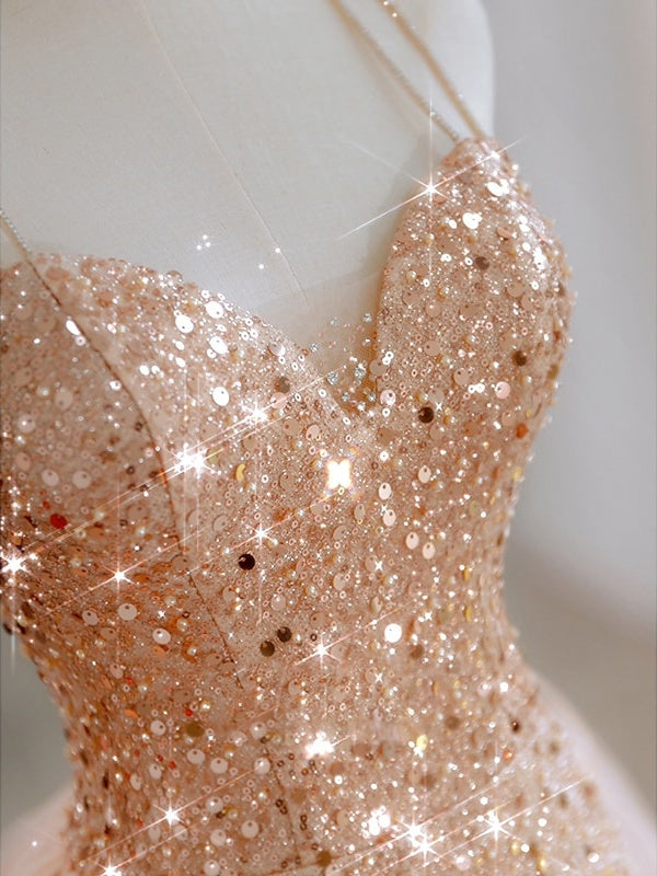 Robe de Soirée Trapèze/Princesse Sans Manches à Décolleté en Cœur et Longueur Au Sol avec Paillettes